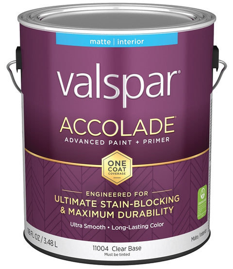 Valspar Accolade 1100 028.0011004.007 Latex Paint, Acrylic Base, Matte, Clear Base, 1 gal, Plastic Can, Pack of 4