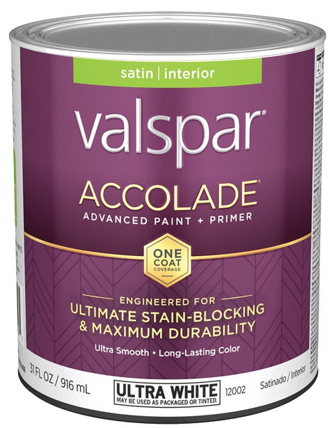 Valspar Accolade 1200 028.0012002.005 Latex Paint, Acrylic Base, Satin, Ultra White, 1 qt, Metal Can