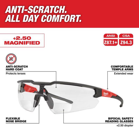 Milwaukee Anti-Scratch Magnified Safety Glasses Clear Lens Black/Red Frame