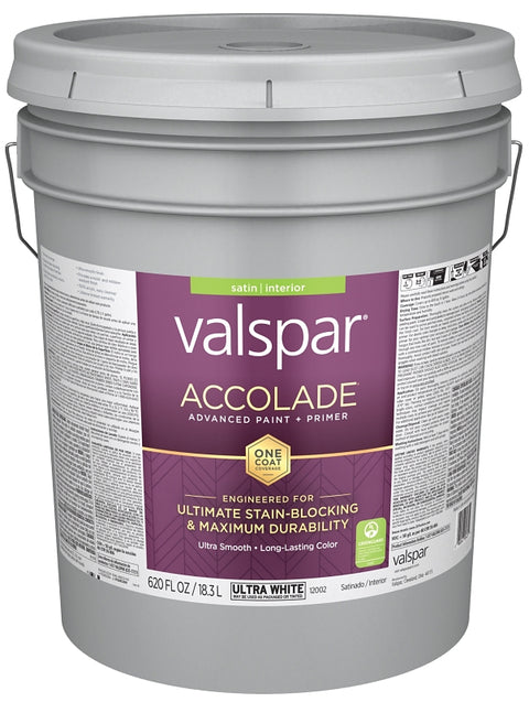 Valspar Accolade 1200 028.0012002.008 Latex Paint, Acrylic Base, Satin, Ultra White, 5 gal, Plastic Pail