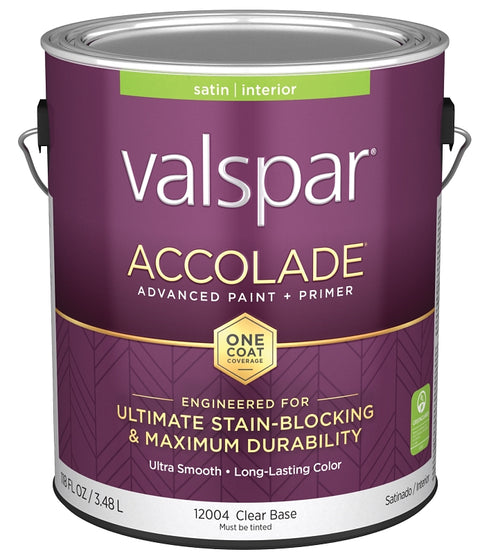 Valspar Accolade 1200 028.0012004.007 Latex Paint, Acrylic Base, Satin, Clear Base, 1 gal, Plastic Can, Pack of 4