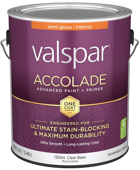 Valspar Accolade 1300 028.0013004.007 Latex Paint, Acrylic Base, Semi-Gloss, Clear Base, 1 gal, Plastic Can, Pack of 4