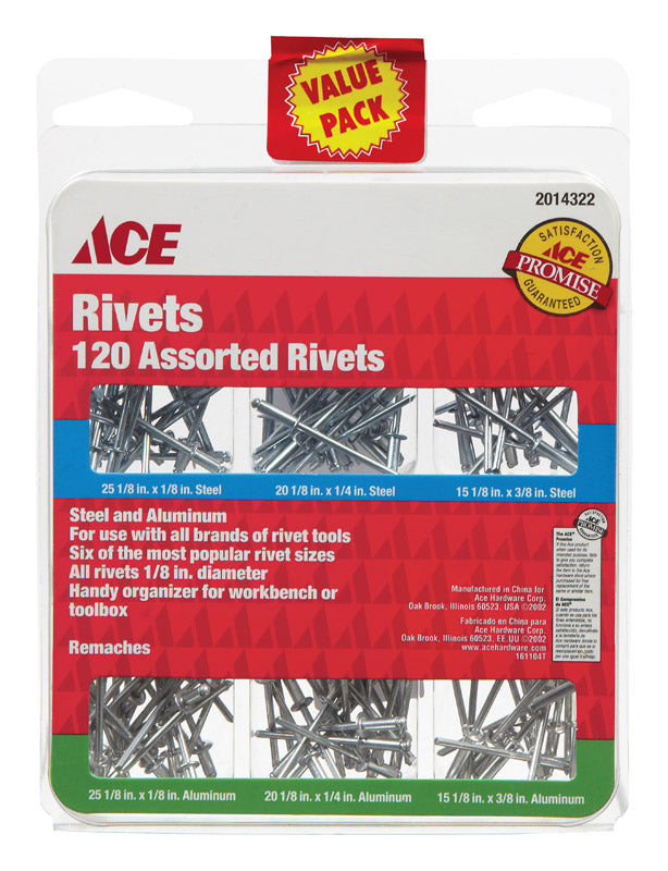 Ace 1/8 in. Dia. x 1/8 in. Aluminum, Steel Assorted Rivets 120 pk ...