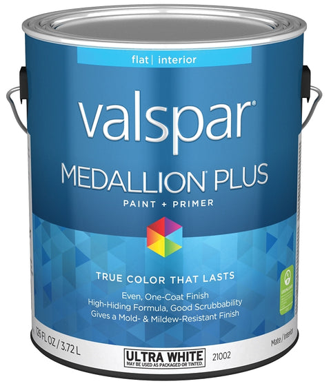 Valspar Medallion Plus 2100 028.0021002.007 Latex Paint, Acrylic Base, Flat Sheen, Ultra White Base, 1 gal, Pack of 4