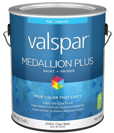 Valspar Medallion Plus 2100 028.0021004.007 Latex Paint, Acrylic Base, Flat Sheen, Clear Base, 1 gal, Plastic Can, Pack of 4