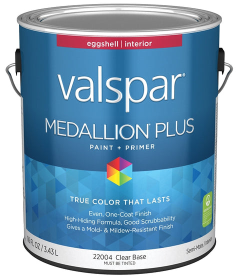 Valspar Medallion Plus 2200 028.0022004.007 Latex Paint, Acrylic Base, Eggshell Sheen, Clear Base, 1 gal, Pack of 4