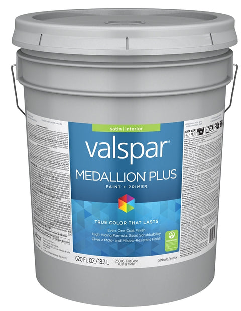 Valspar Medallion Plus 2300 028.0023003.008 Latex Paint, Acrylic Base, Satin Sheen, Tint Base, 5 gal, Plastic Pail