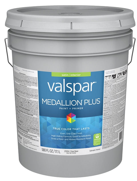 Valspar Medallion Plus 2300 028.0023004.008 Latex Paint, Acrylic Base, Satin Sheen, Clear Base, 5 gal, Plastic Pail