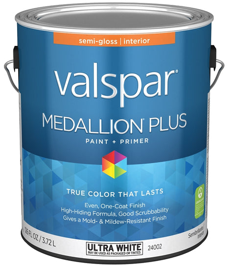 Valspar Medallion Plus 2700 028.0024002.007 Latex Paint, Acrylic Base, Semi-Gloss Sheen, Ultra White Base, 1 gal, Pack of 4