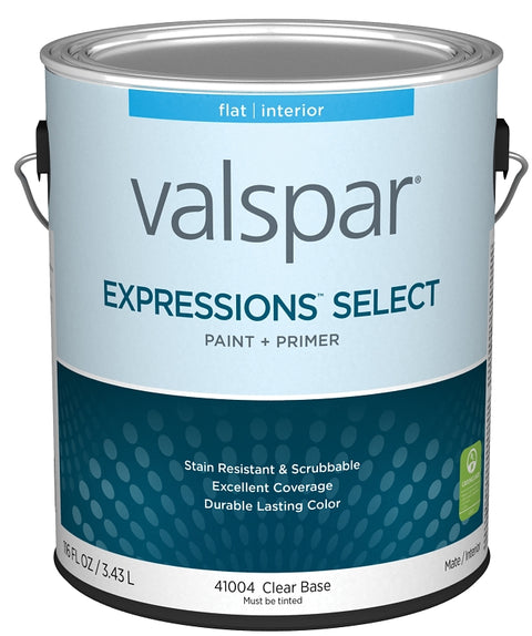 Valspar Expressions Select 4100 028.0041004.007 Latex Paint, Acrylic Base, Flat Sheen, Clear Base, 1 gal, Pack of 4