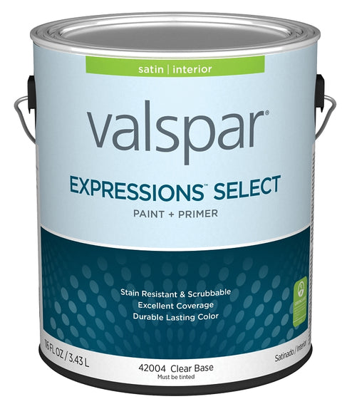 Valspar Expressions Select 4200 028.0042004.007 Latex Paint, Acrylic Base, Satin Sheen, Clear Base, 1 gal, Pack of 4