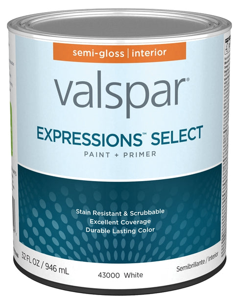 Valspar Expressions Select 4300 028.0043000.005 Latex Paint, Acrylic Base, Semi-Gloss, White Base, 1 qt, Pack of 4