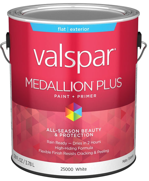 Valspar Medallion Plus 2500 028.0025000.007 Latex Paint, Acrylic Base, Flat Sheen, White Base, 1 gal, Plastic Can, Pack of 4