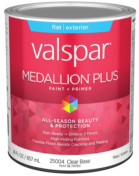 Valspar Medallion Plus 2500 028.0025004.005 Latex Paint, Acrylic Base, Flat Sheen, Clear Base, 1 qt, Plastic Can