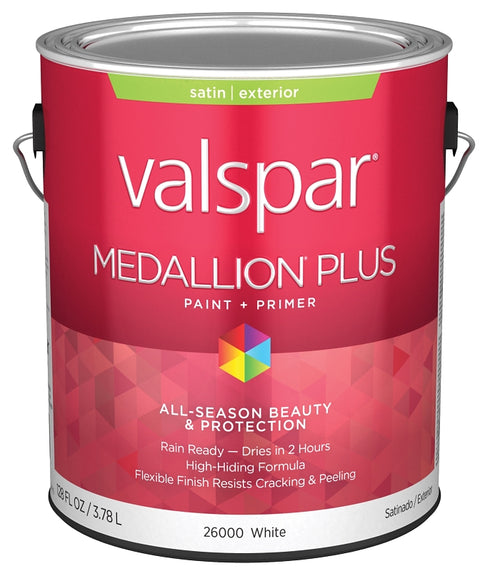 Valspar Medallion Plus 2600 028.0026000.007 Latex Paint, Acrylic Base, Satin Sheen, White Base, 1 gal, Plastic Can, Pack of 4