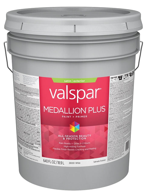 Valspar Medallion Plus 2600 028.0026000.008 Latex Paint, Acrylic Base, Satin Sheen, White Base, 5 gal, Plastic Pail