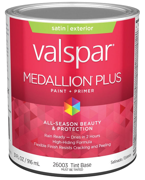 Valspar Medallion Plus 2600 028.0026003.005 Latex Paint, Acrylic Base, Satin Sheen, Tint Base, 1 qt, Plastic Can