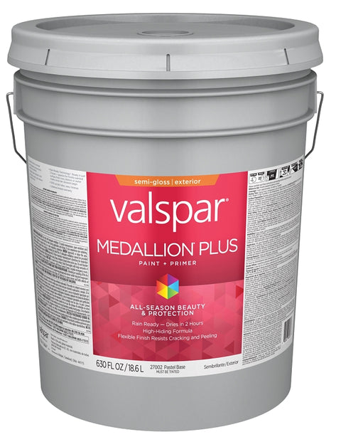 Valspar Medallion Plus 2600 028.0027002.008 Latex Paint, Acrylic Base, Semi-Gloss Sheen, Pastel Base, 5 gal