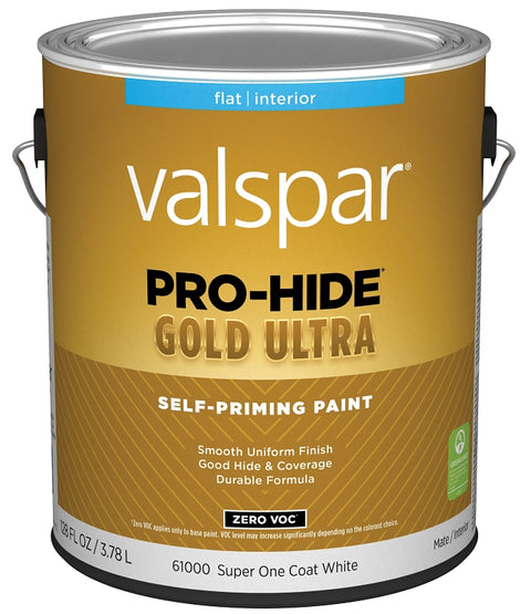 Valspar Pro-Hide Gold Ultra 6100 028.0061000.007 Latex Paint, Acrylic Base, Flat Sheen, Super One Coat White, 1 gal, Pack of 4