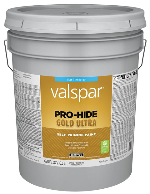 Valspar Pro-Hide Gold Ultra 6100 028.0061002.008 Latex Paint, Acrylic Base, Flat Sheen, Pastel Base, 5 gal