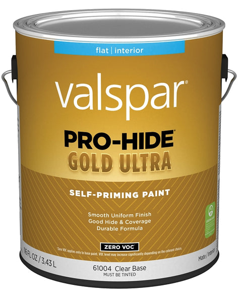 Valspar Pro-Hide Gold Ultra 6100 028.0061004.007 Latex Paint, Acrylic Base, Flat Sheen, Clear Base, 1 gal, Pack of 4