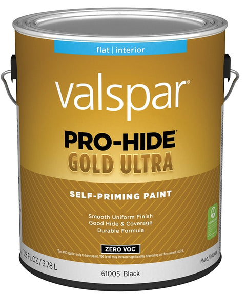 Valspar Pro-Hide Gold Ultra 6100 028.0061005.007 Latex Paint, Acrylic Base, Flat, Black, 1 gal, Plastic Can, Pack of 4