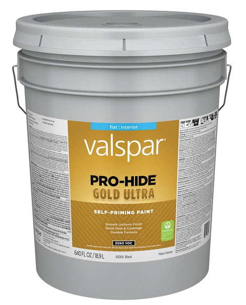 Valspar Pro-Hide Gold Ultra 6100 028.0061005.008 Latex Paint, Acrylic Base, Flat, Black, 5 gal, Plastic Pail