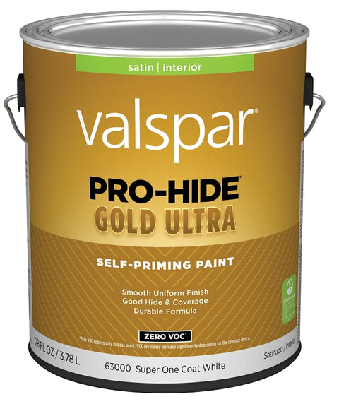 Valspar Pro-Hide Gold Ultra 6300 028.0063000.007 Latex Paint, Acrylic Base, Satin, Super One Coat White, 1 gal, Pack of 4