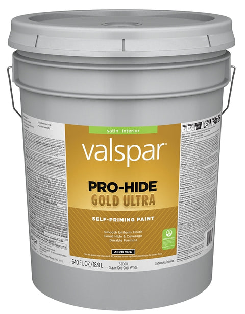 Valspar Pro-Hide Gold Ultra 6300 028.0063000.008 Latex Paint, Acrylic Base, Satin, Super One Coat White, 5 gal