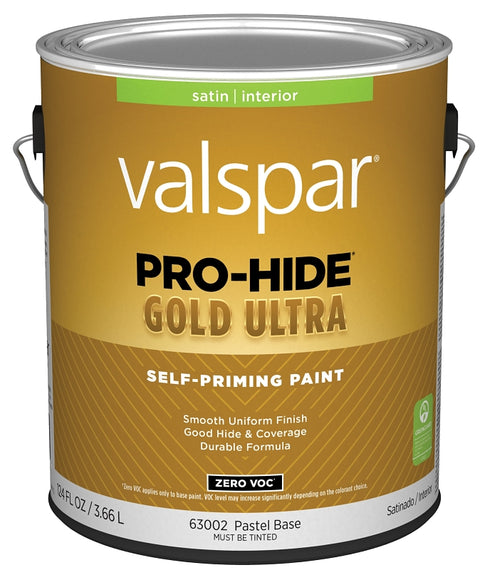 Valspar Pro-Hide Gold Ultra 6300 028.0063002.007 Latex Paint, Acrylic Base, Satin, Pastel Base, 1 gal, Pack of 4