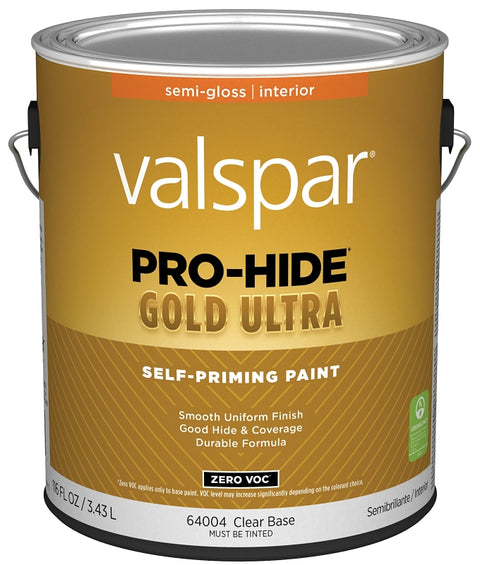 Valspar Pro-Hide Gold Ultra 6400 028.0064004.007 Latex Paint, Acrylic Base, Semi-Gloss Sheen, Clear Base, 1 gal, Pack of 4