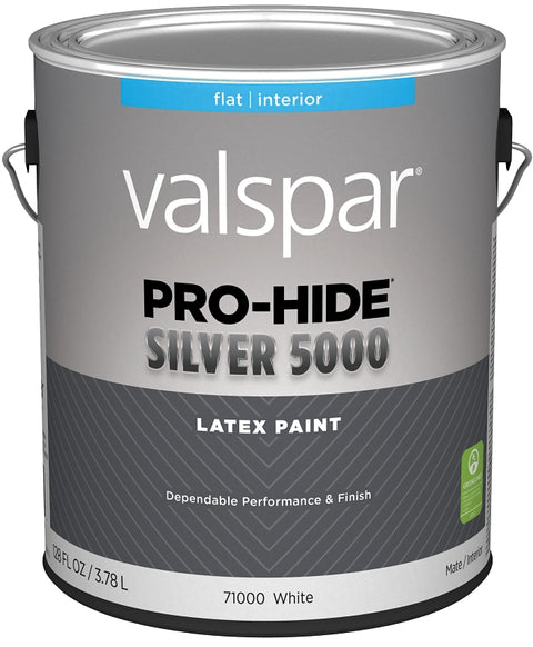 Valspar Pro-Hide Silver 5000 7100 028.0071000.007 Latex Paint, Water Base, Flat Sheen, White Base, 1 gal, Metal Can, Pack of 4