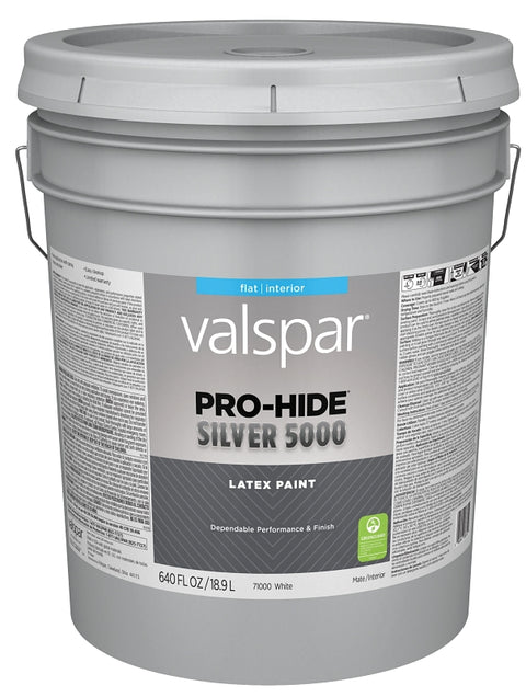 Valspar Pro-Hide Silver 5000 7100 028.0071000.008 Latex Paint, Water Base, Flat Sheen, White Base, 5 gal