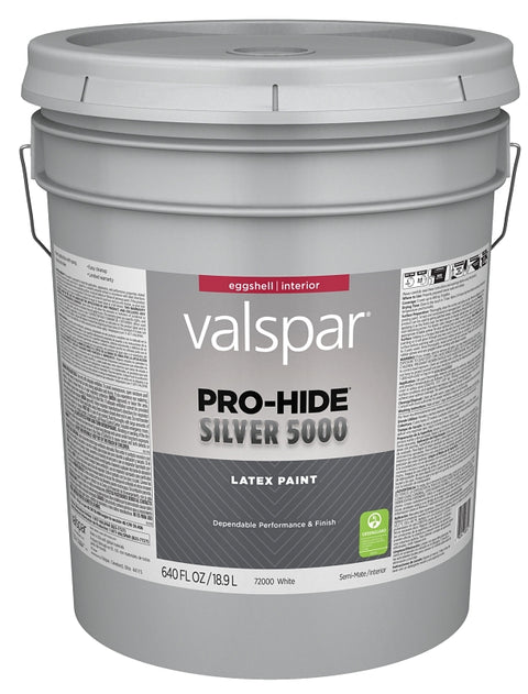 Valspar Pro-Hide Silver 5000 7300 028.0072000.008 Latex Paint, Water Base, Eggshell, White Base, 5 gal