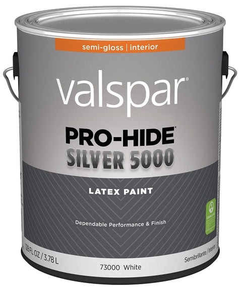 Valspar Pro-Hide Silver 5000 7300 028.0073000.007 Latex Paint, Water Base, Semi-Gloss Sheen, White Base, 1 gal, Pack of 4