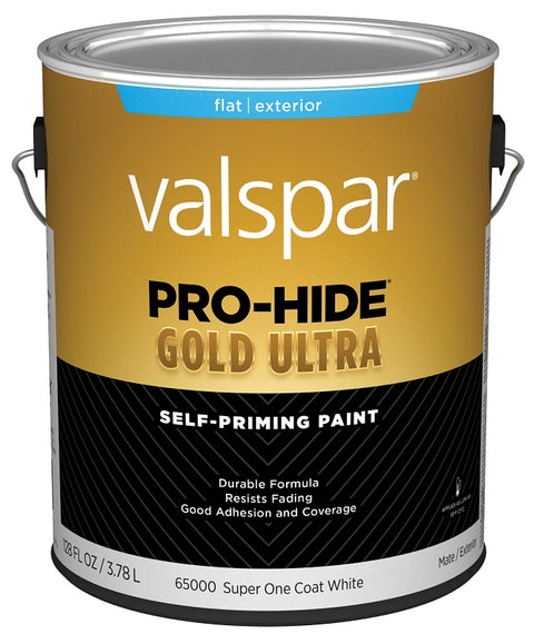 Valspar Pro-Hide Gold Ultra 6500 028.0065000.007 Latex Paint, Acrylic Base, Flat Sheen, Super One Coat White, 1 gal, Pack of 4