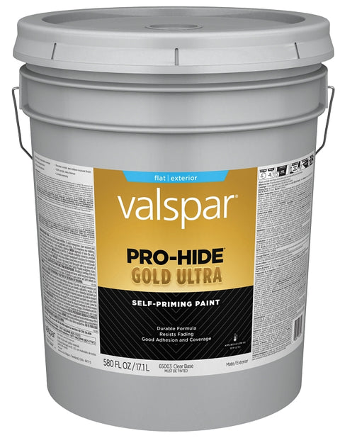 Valspar Pro-Hide Gold Ultra 6500 028.0065003.008 Latex Paint, Acrylic Base, Flat Sheen, Clear Base, 5 gal