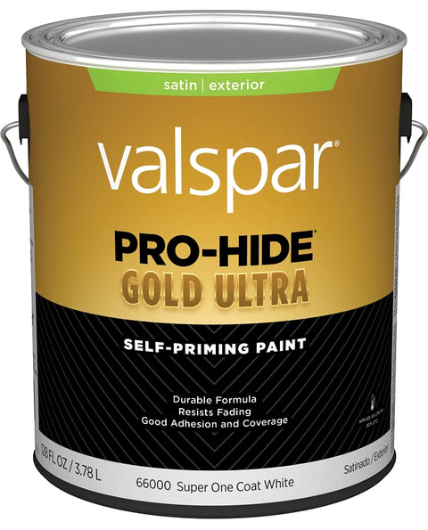 Valspar Pro-Hide Gold Ultra 6600 028.0066000.007 Latex Paint, Acrylic Base, Satin Sheen, Super One Coat White, 1 gal, Pack of 4