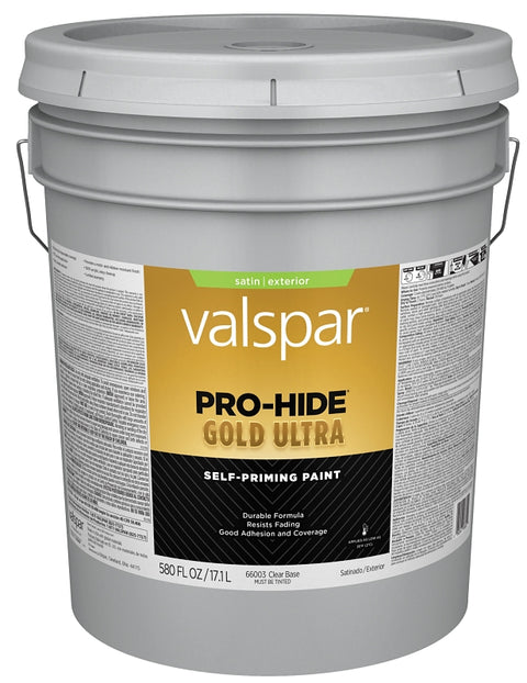 Valspar Pro-Hide Gold Ultra 6600 028.0066003.008 Latex Paint, Acrylic Base, Satin Sheen, Clear Base, 5 gal