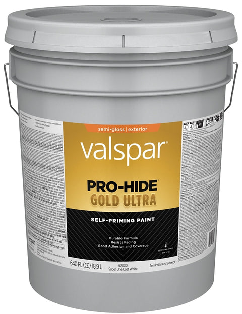 Valspar Pro-Hide Gold Ultra 6700 Series 028.0067000.008 Latex Paint, Acrylic, Super One Coat White, Semi-Gloss, 5 gal