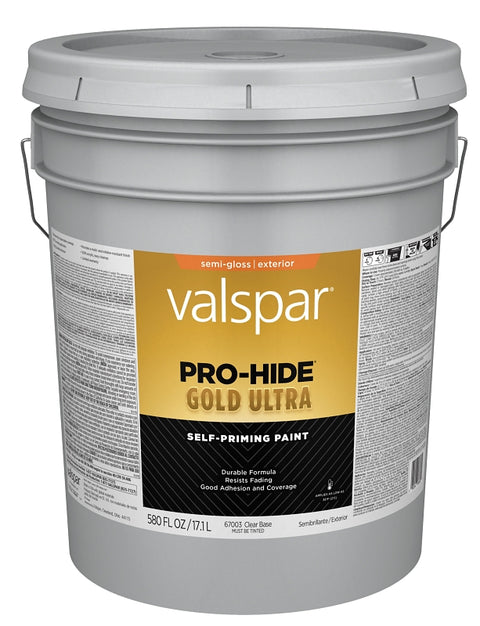 Valspar Pro-Hide Gold Ultra 6700 028.0067003.008 Latex Paint, Acrylic Base, Semi-Gloss Sheen, Clear Base, 5 gal