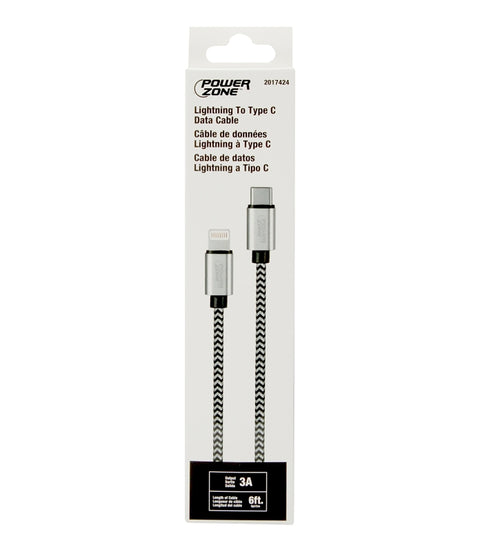 PowerZone KL-029X-2M-LIGHTN Charging Cable, Lightning, Type C, 6 ft L