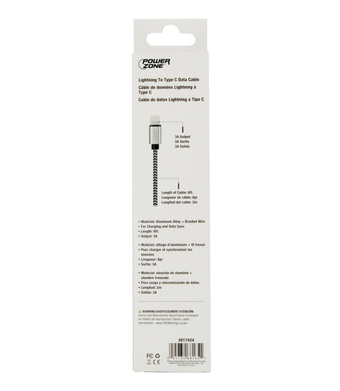PowerZone KL-029X-2M-LIGHTN Charging Cable, Lightning, Type C, 6 ft L