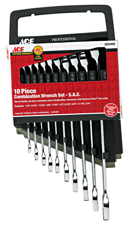 Ace 10 pc. Chrome SAE Combination Wrench Set