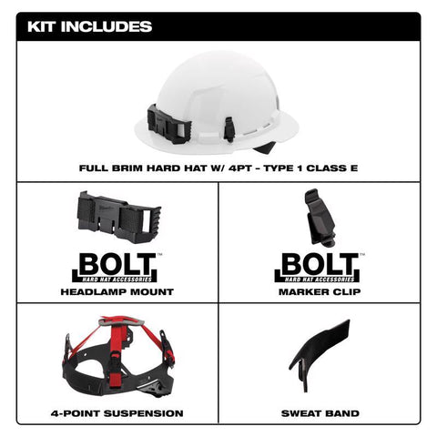 Milwaukee BOLT 4-Point Ratchet Type 1 Class E Non-Vented Full Brim Hard Hat White