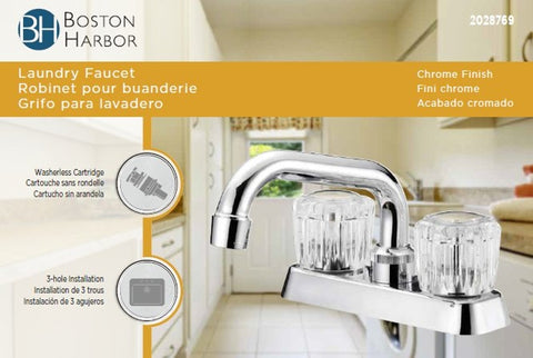 Boston Harbor FL010003CP Laundry Faucet, 2 gpm, 2-Faucet Handle, 3-Faucet Hole, Metal/Plastic, Chrome Plated