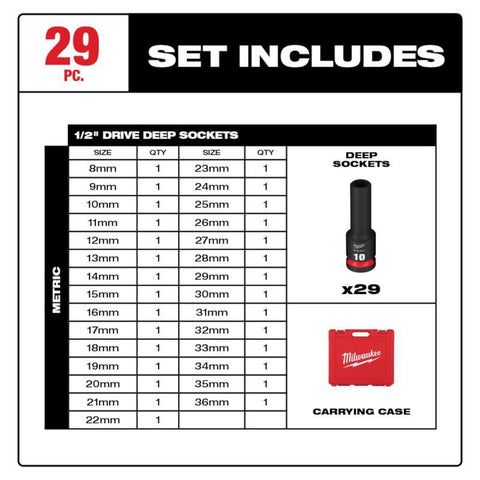 Milwaukee Shockwave 1/2 in. drive Metric 6 Point Impact Rated Deep Socket Set 29 pc
