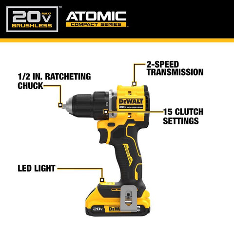 DeWalt 20V MAX ATOMIC 1/2 in. Brushless Cordless Drill/Driver Kit (Battery & Charger)