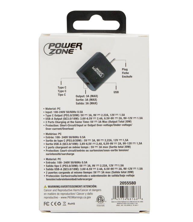 PowerZone CA-43AT Dual USB Wall Charger, 100 to 240 V Input, 5/9/12 V ...