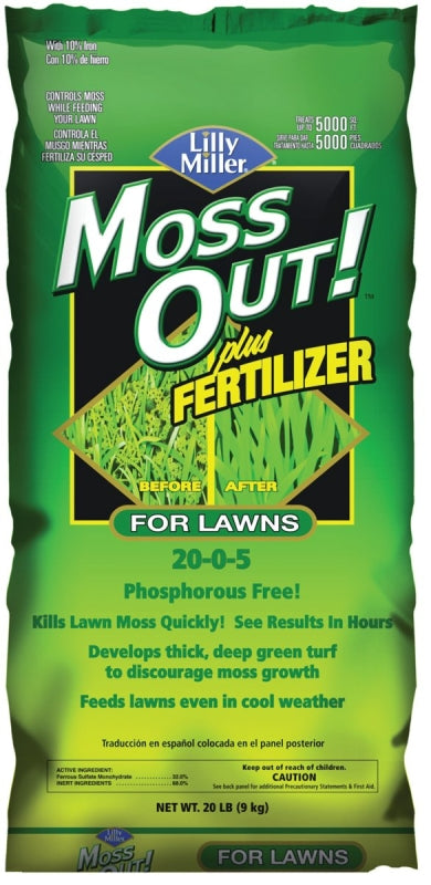 Moss Out! 100508946 Lawn Fertilizer, 20 lb Bag, Solid, 20-0-5 N-P-K Ratio